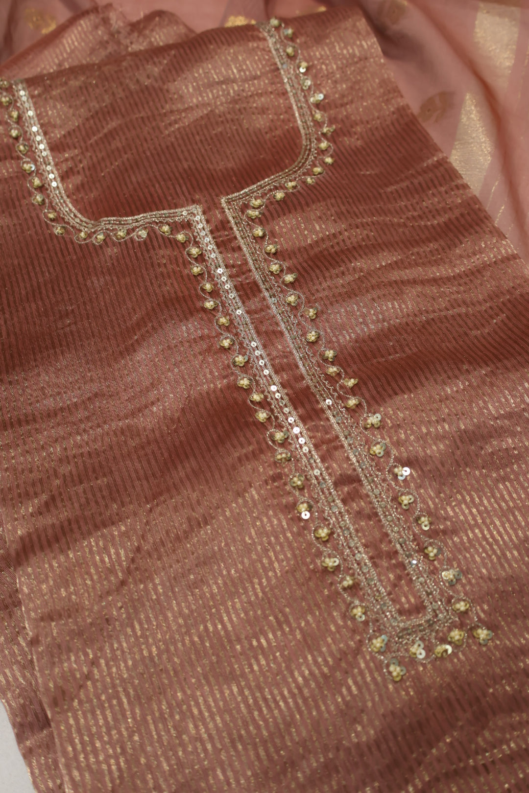 Rose Brown Banarasi Pure Tissue Stripes Hand Embroidered Unstitched Suit Set with Pure Chanderi Silk Woven Dupatta The Banarasee Aura