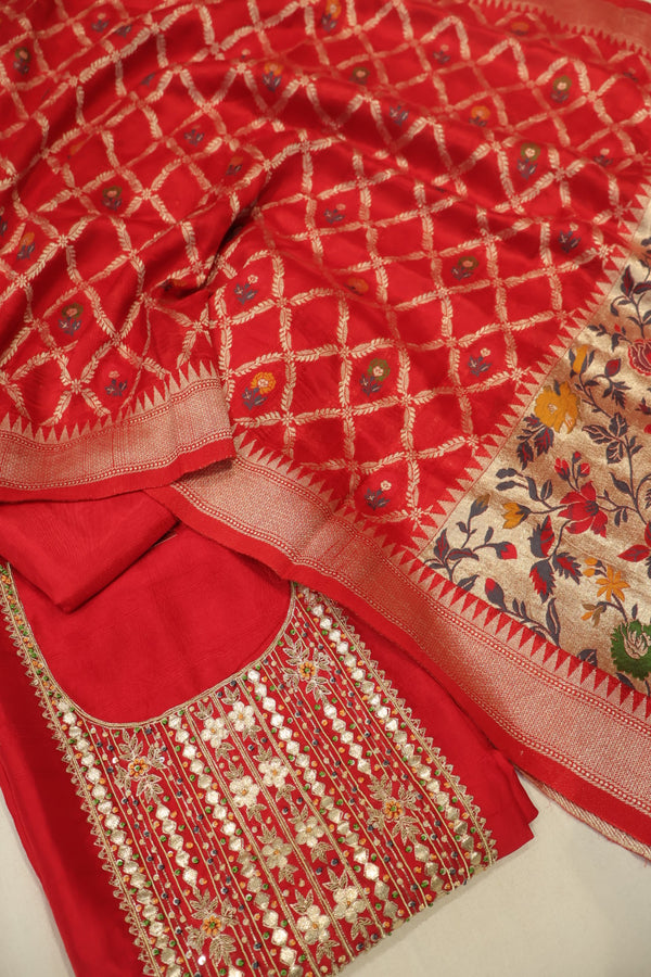 Red Russian Silk Hand Embroidered Unstitched Suit Set with Russian Silk Meenakari Woven Dupatta The Banarasee Aura