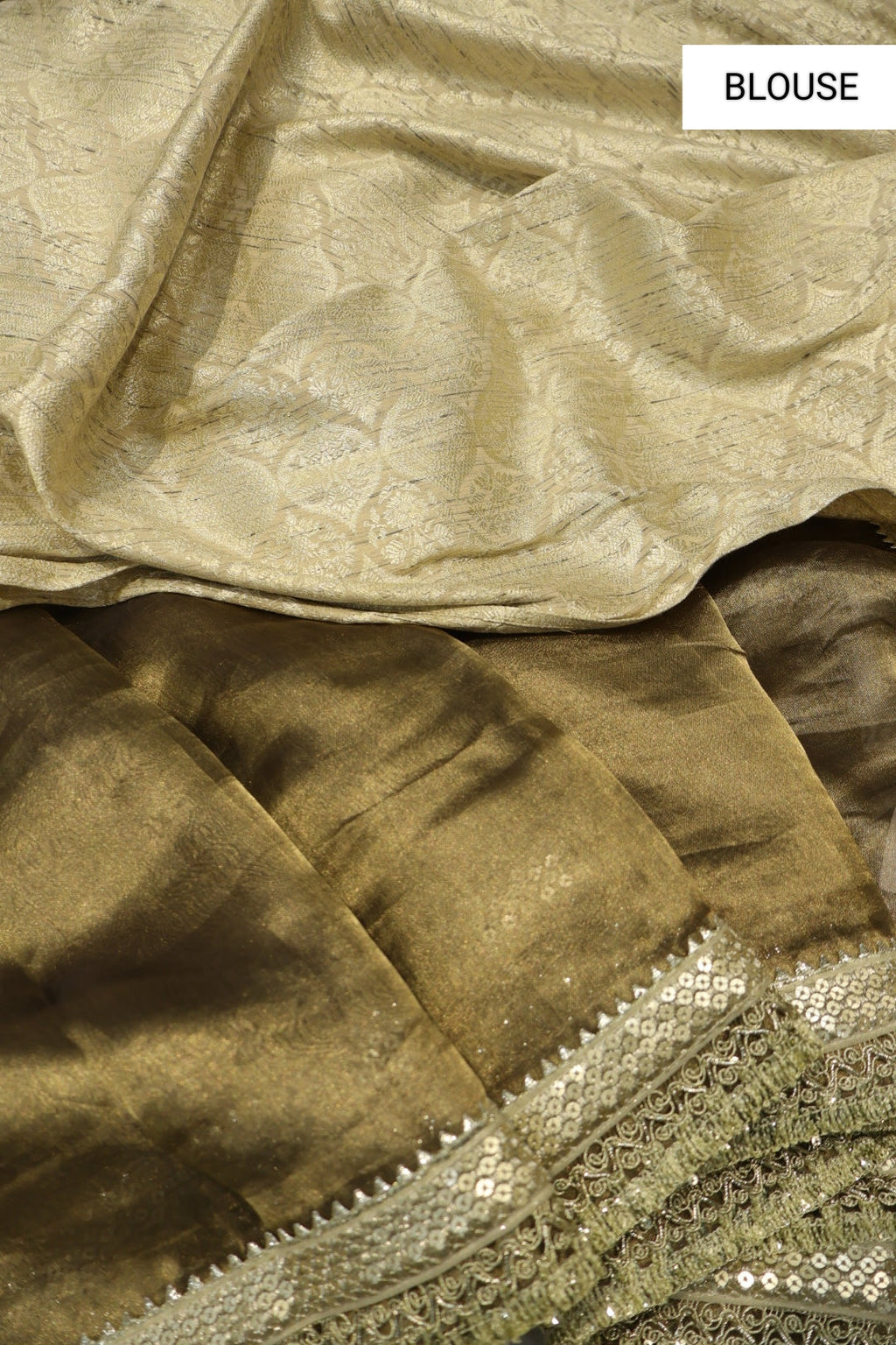 Antique Golden Pure Banarasi Tissue Silk Saree With Contrast Brocade Blouse The Banarasee Aura