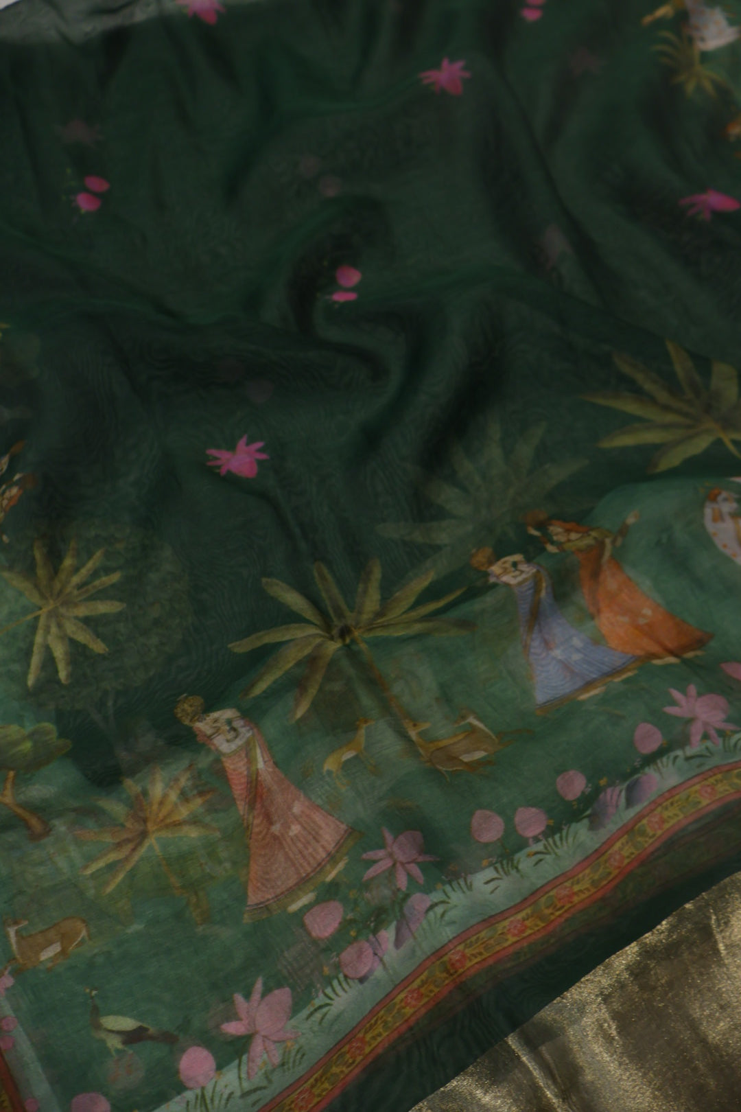 Bottle Green Pure Mul Chanderi Sona Roopa Woven Unstitched Suit Set With Pure Mul Chanderi Digital Printed and Tissue Border Dupatta The Banarasee Aura