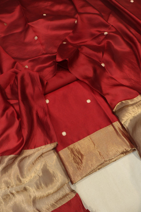 Red Pure Banarasi Raw Mango Unstitched Suit Set With Pure Raw Mango Dupatta The Banarasee Aura