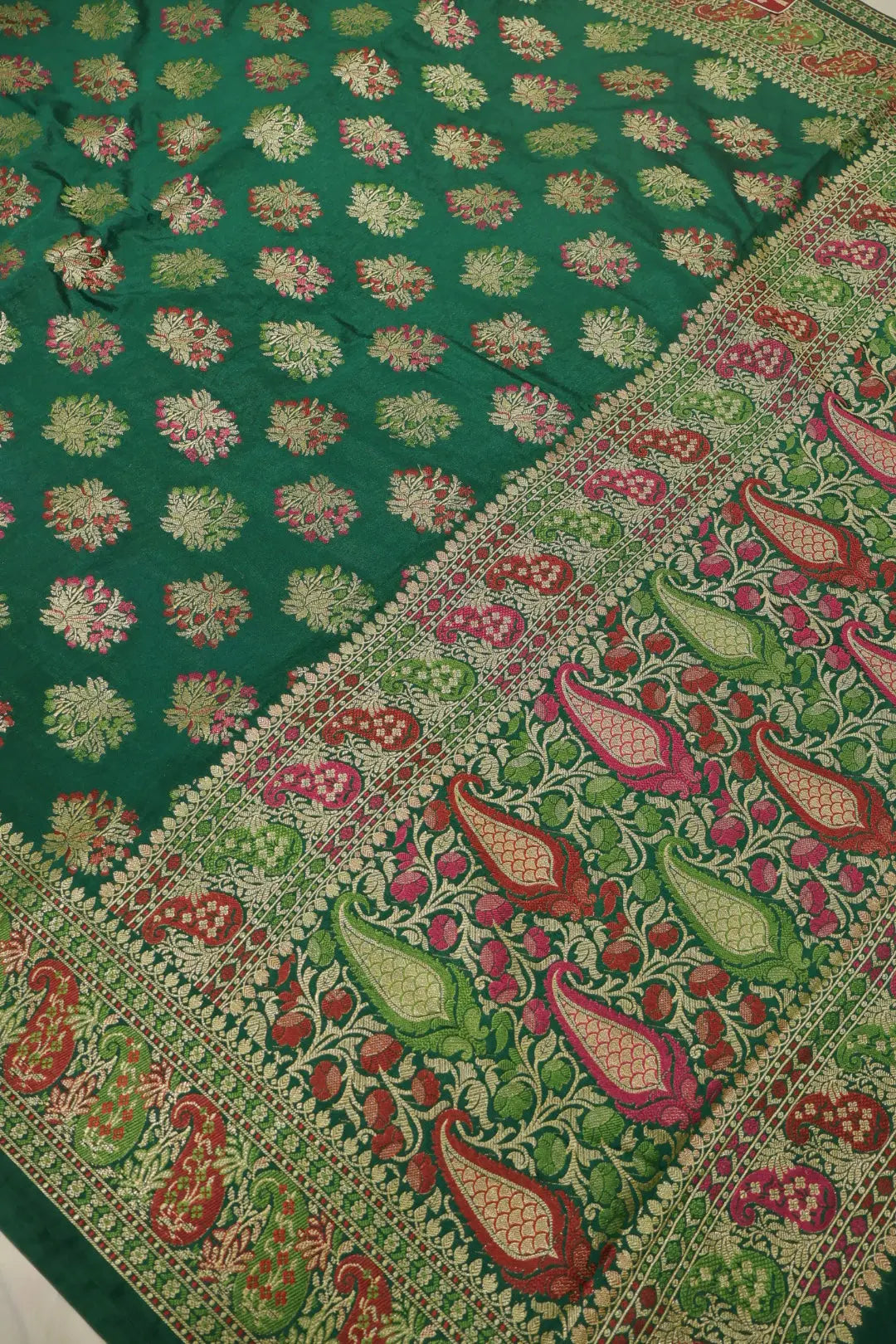 Bottle Green Russian Silk Banarasi Golden Zari with Tilfi Meenakari Weaved Saree With Blouse The Banarasee Aura