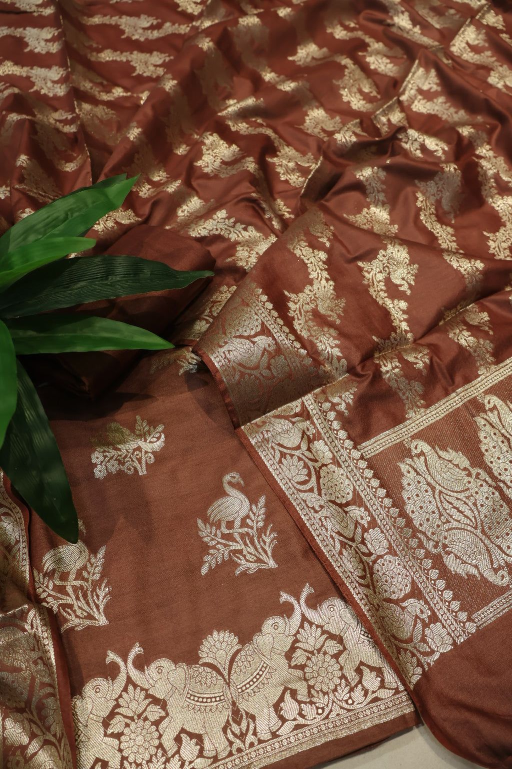 Brown Katan Silk Shikargah Woven Unstitched Banarasi Suit Set The Banarasee Aura