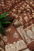 Brown Katan Silk Shikargah Woven Unstitched Banarasi Suit Set The Banarasee Aura