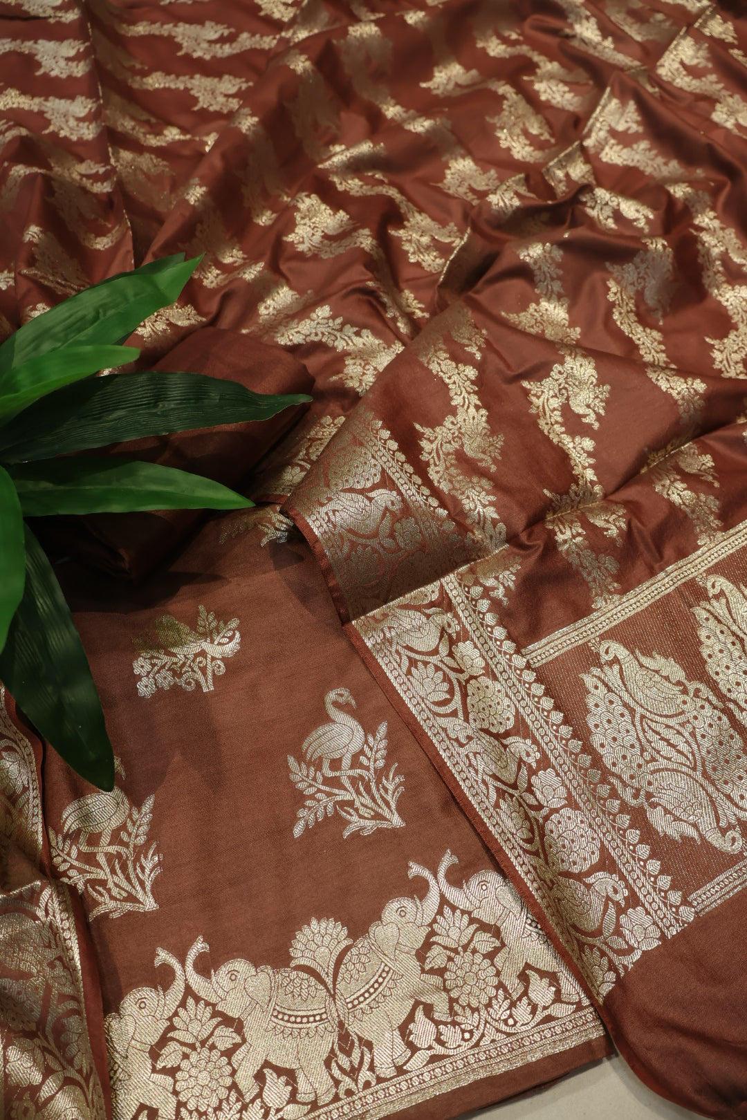 Brown Katan Silk Shikargah Woven Unstitched Banarasi Suit Set The Banarasee Aura