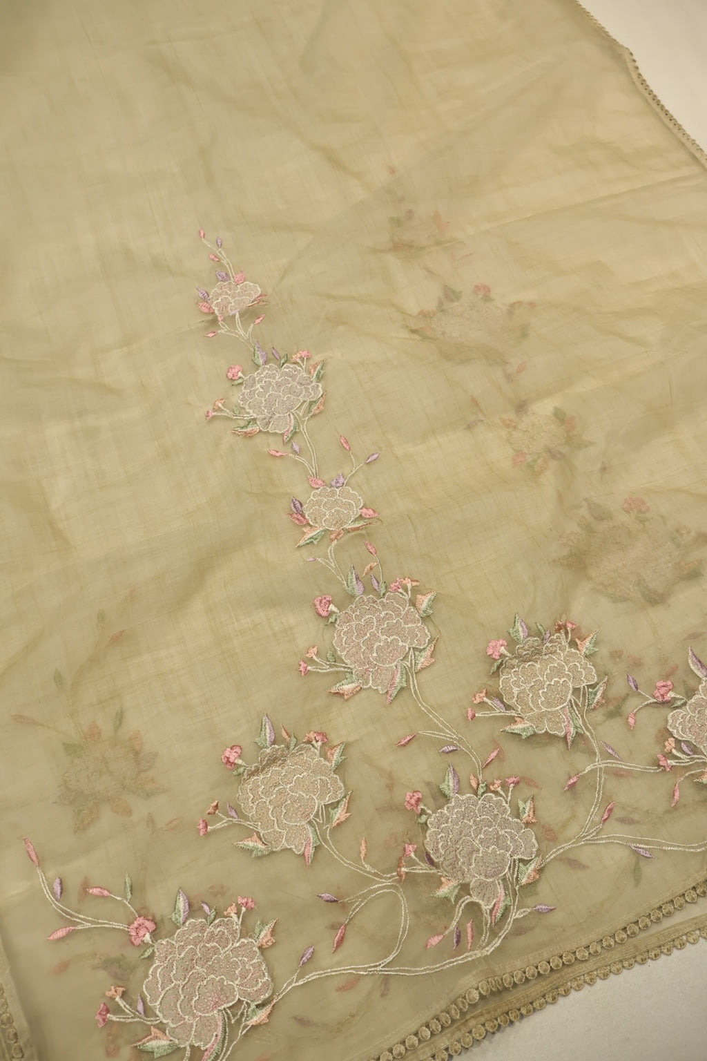 Olive Green Crushed Tissue Hand Embroidered Unstitched Suit Set with Chanderi Embroidered Dupatta The Banarasee Aura