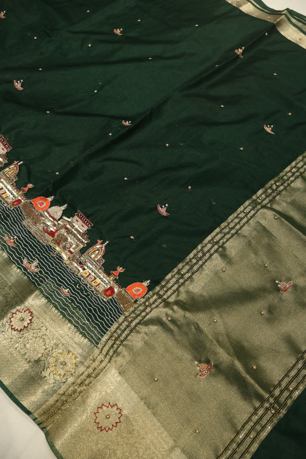 Bottle Green Banarasi Kora Silk Hand Embroidered Banarasi Ghat Saree Without Blouse The Banarasee Aura