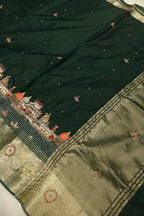 Bottle Green Banarasi Kora Silk Hand Embroidered Banarasi Ghat Saree Without Blouse The Banarasee Aura