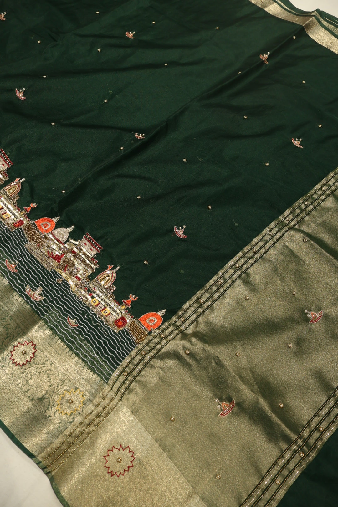 Bottle Green Banarasi Kora Silk Hand Embroidered Banarasi Ghat Saree Without Blouse The Banarasee Aura