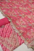 Pink Chanderi Lehriya Hand Embroidered and Woven Unstitched Suit Set With Organza Digital Printed Gotta Work Dupatta The Banarasee Aura