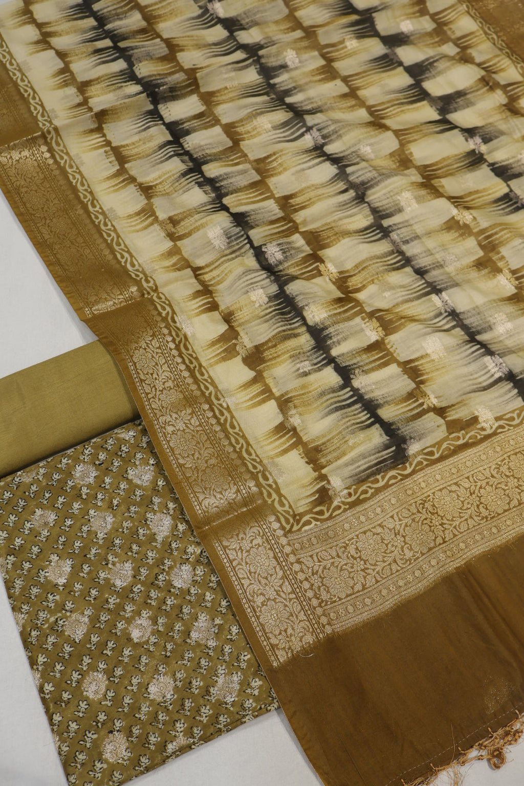 Mustard Olive Banarasi Pure Chanderi Silk Hand Blocked and Woven Unstitched Suit Set With Pure Chanderi Silk Hand Blocked Woven Dupatta The Banarasee Aura
