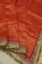 Red Pure Banarasi Tissue Stripes Saree With Silk Brocade Blouse The Banarasee Aura