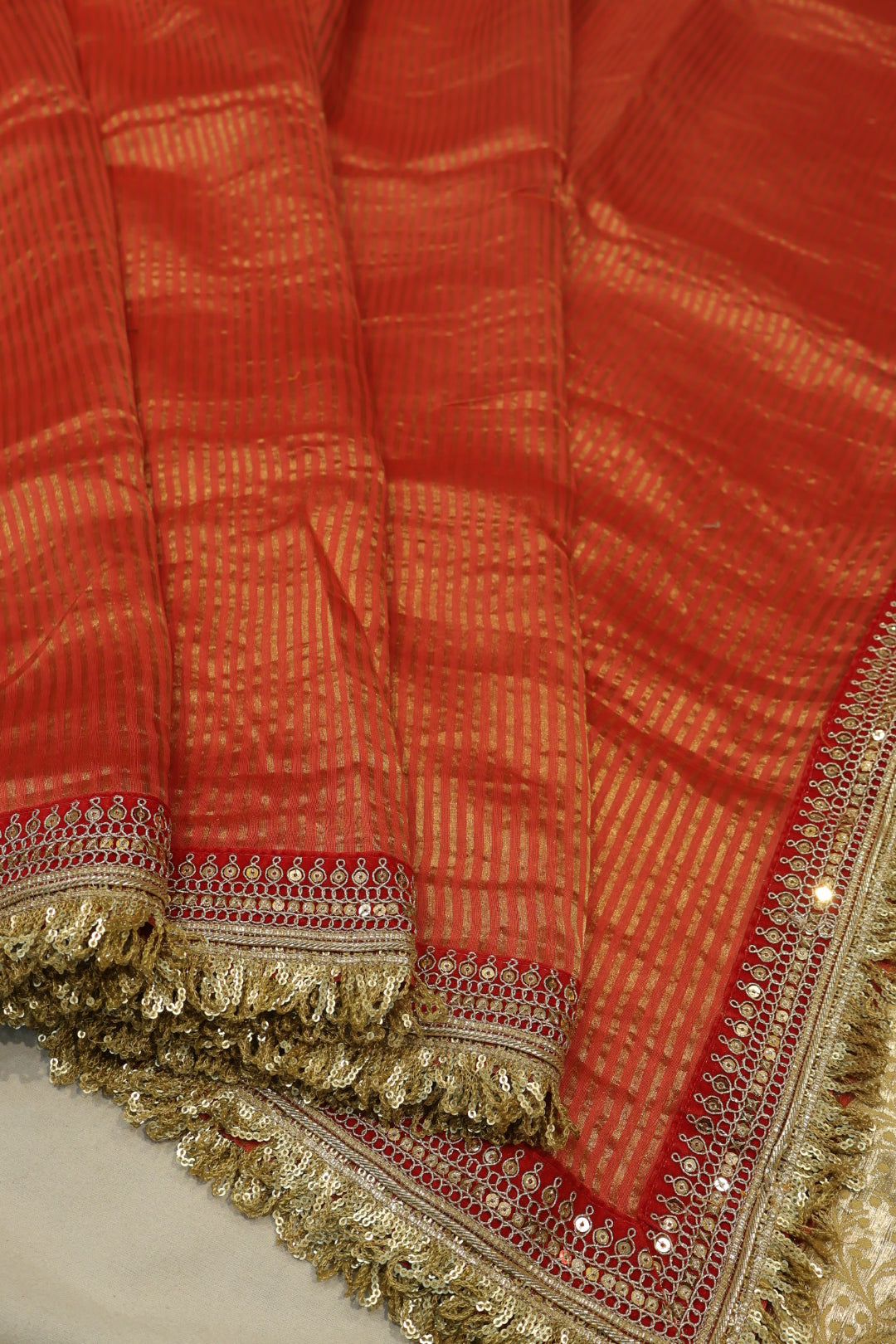 Red Pure Banarasi Tissue Stripes Saree With Silk Brocade Blouse The Banarasee Aura