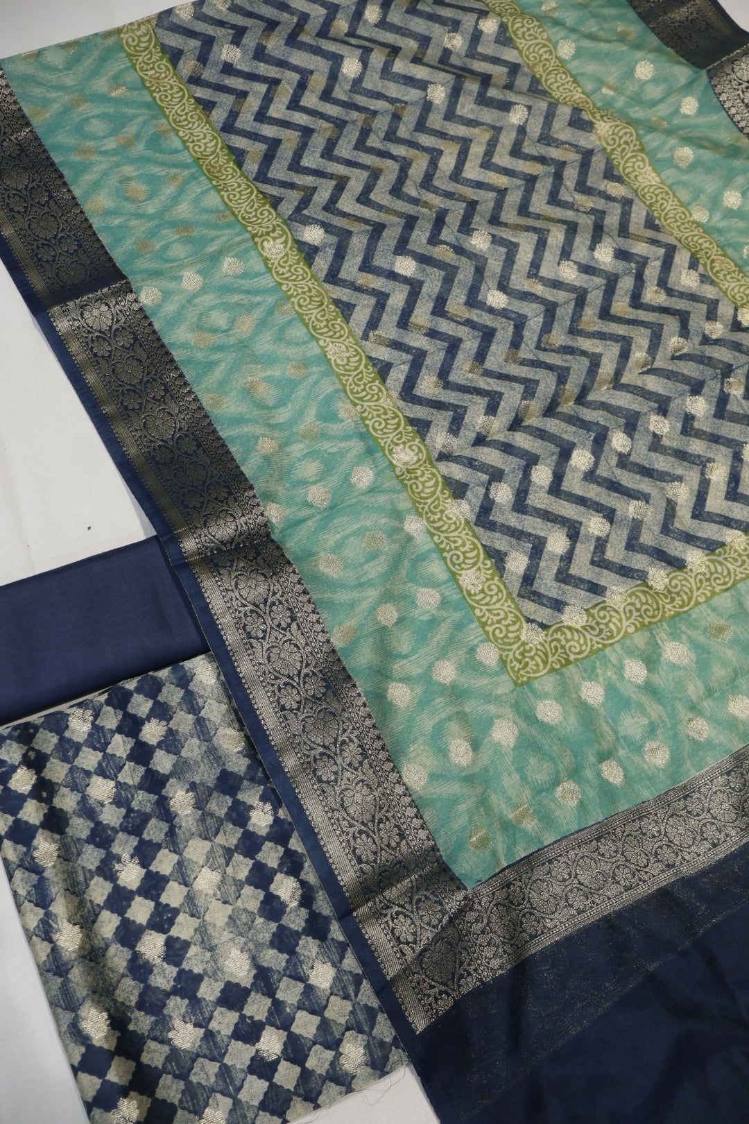 Navy Blue Banarasi Pure Chanderi Silk Hand Blocked and Woven Unstitched Suit Set With Pure Chanderi Silk Hand Blocked Woven Dupatta The Banarasee Aura