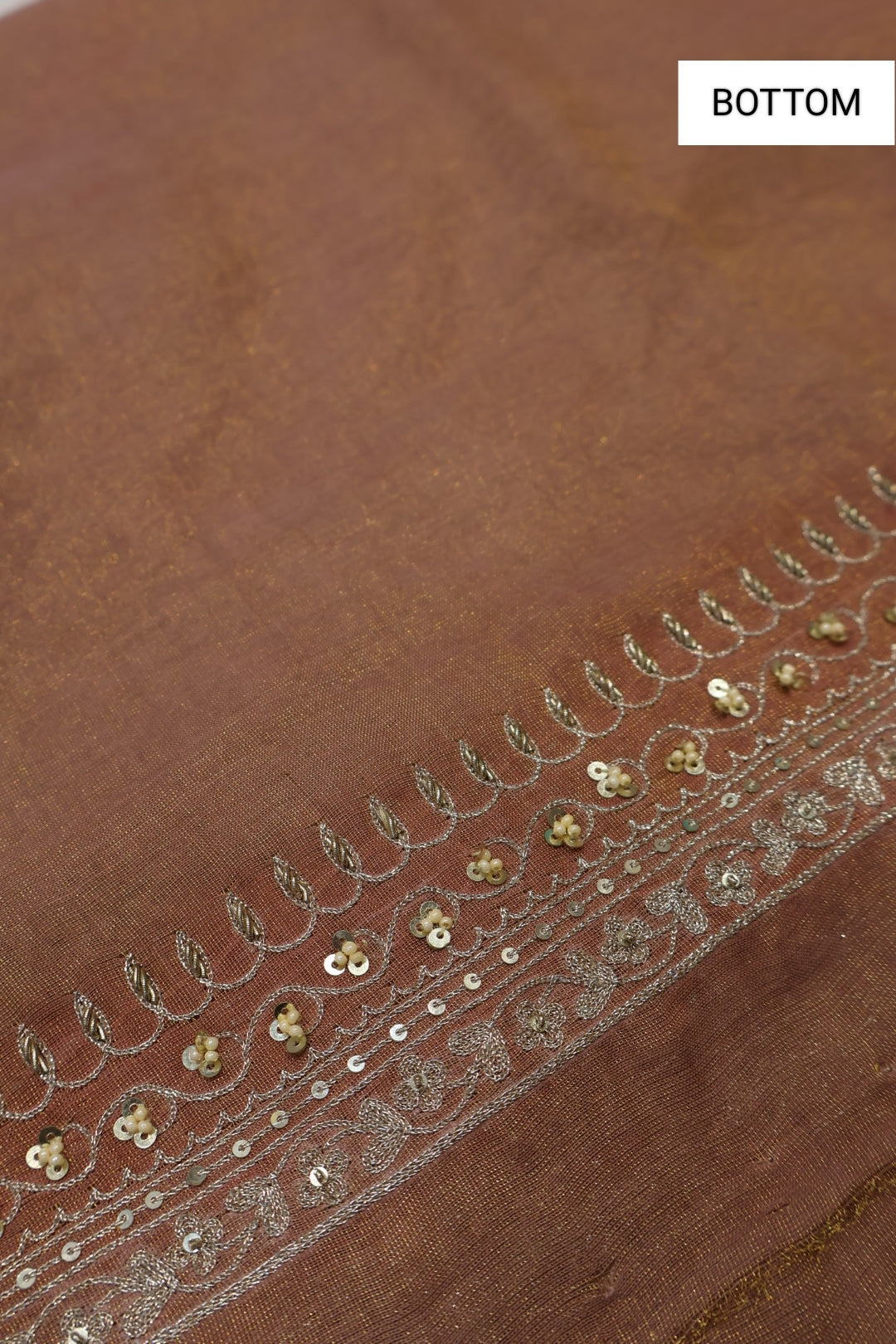 Rose Brown Banarasi Pure Tissue Stripes Hand Embroidered Unstitched Suit Set with Pure Chanderi Silk Woven Dupatta The Banarasee Aura