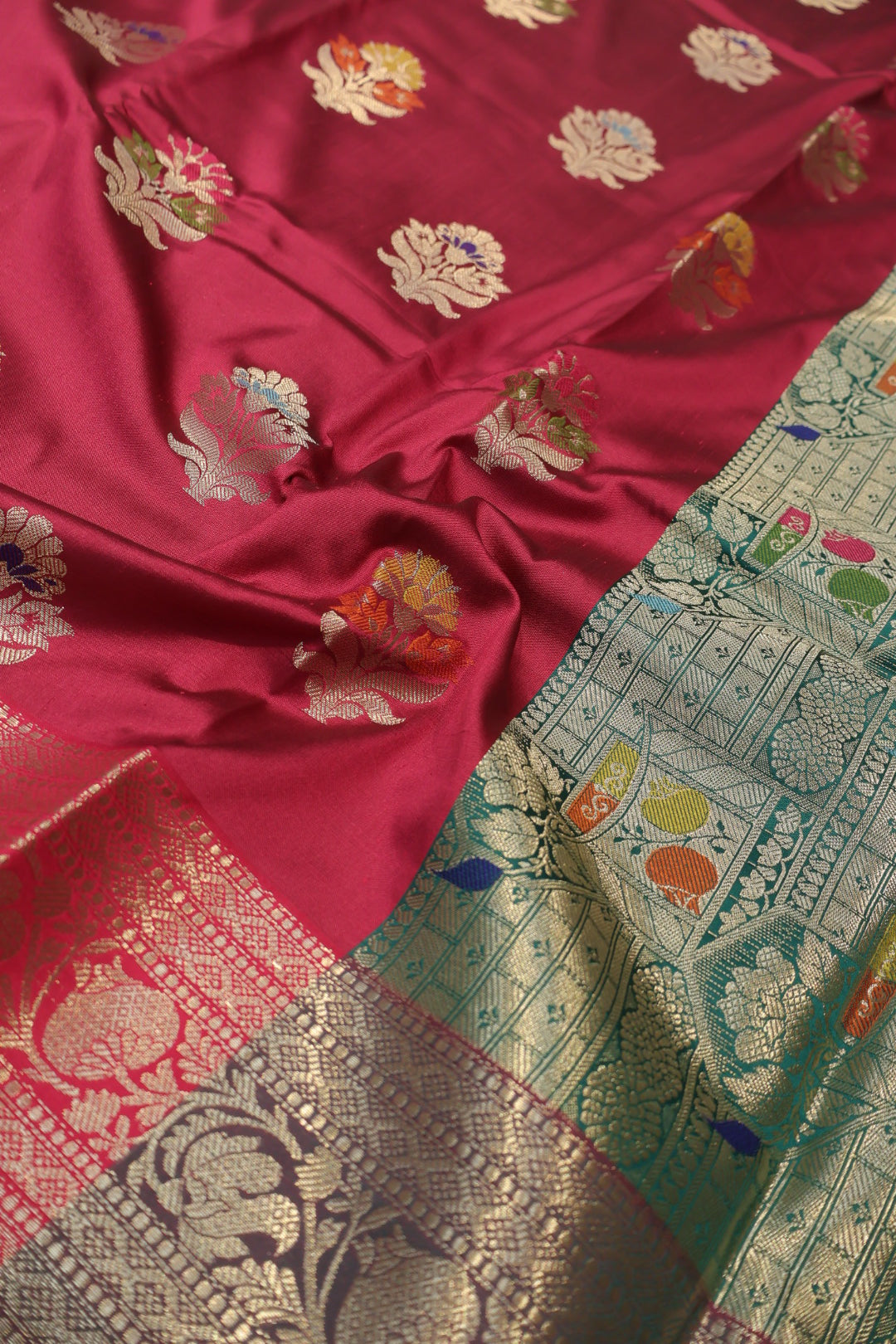 Maroon Banarasi Katan Silk Golden Zari with Tilfi Meenakari Weaved Saree With Blouse The Banarasee Aura