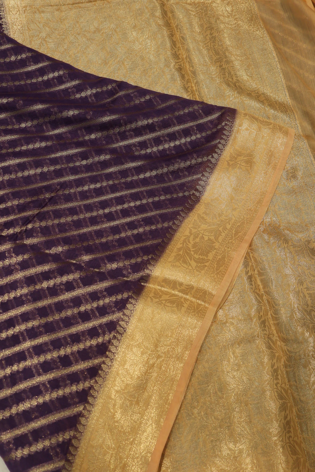 Purple Pure Mal Chanderi Banarasi Golden Zari Weaved Saree With Blouse The Banarasee Aura
