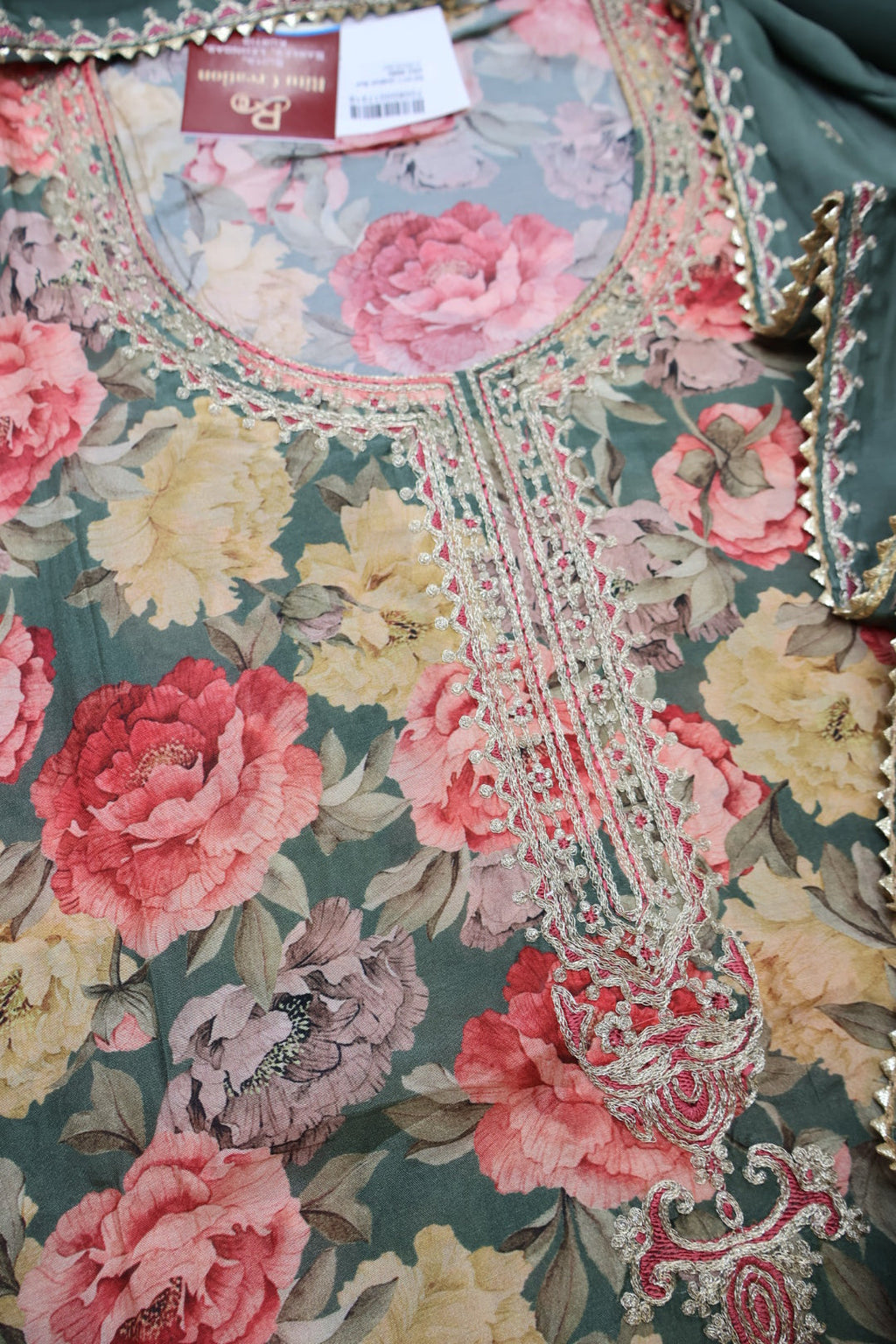 Green Muslin Printed Embroidered Unstitched Suit Set With Muslin Embroidered Dupatta The Banarasee Aura