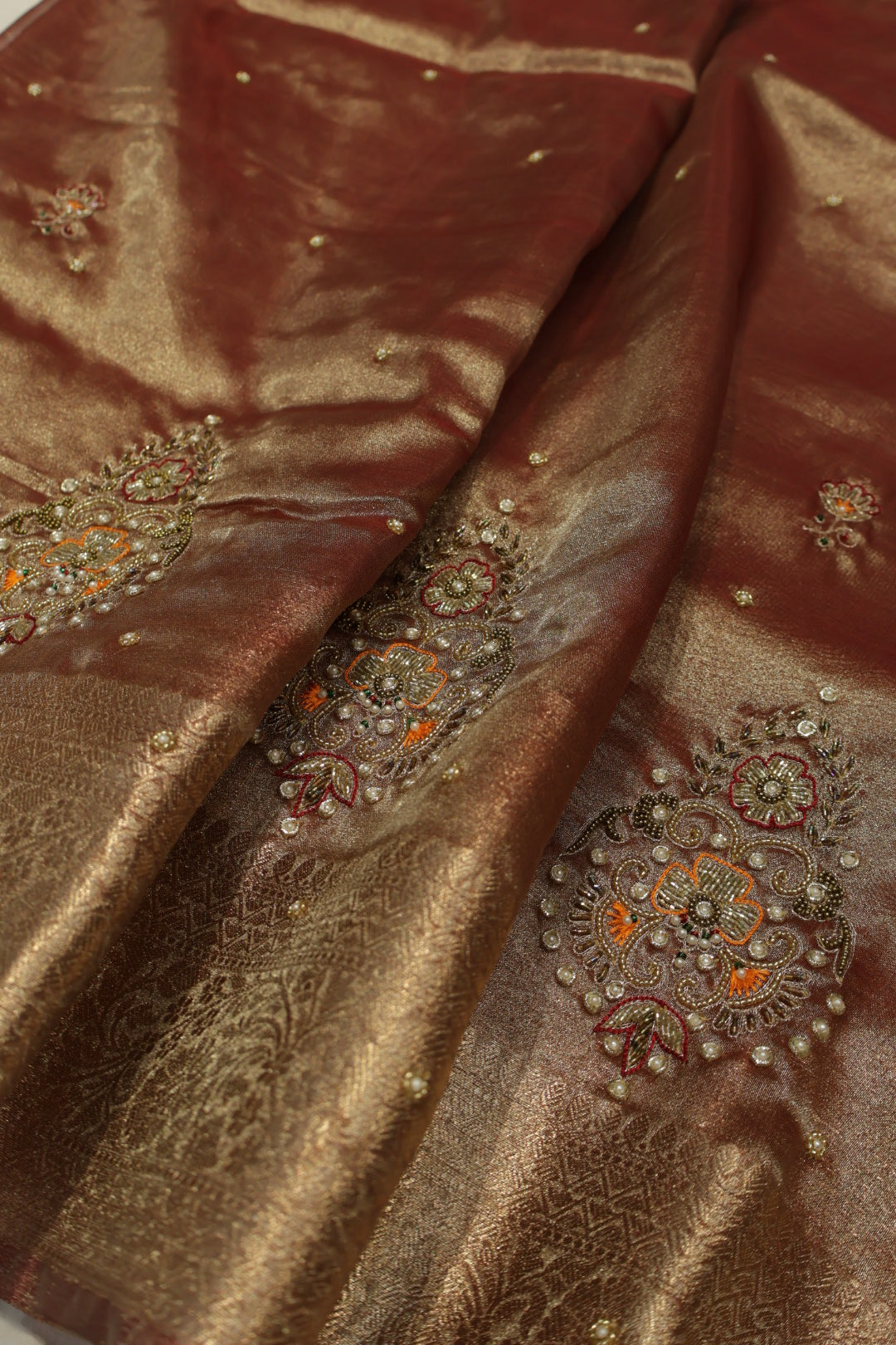 Maroon - Gold Banarasi Tissue Organza Hand Embroidered Saree With Hand Embroidered Blouse The Banarasee Aura