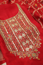 Red Russian Silk Hand Embroidered Unstitched Suit Set with Russian Silk Meenakari Woven Dupatta The Banarasee Aura