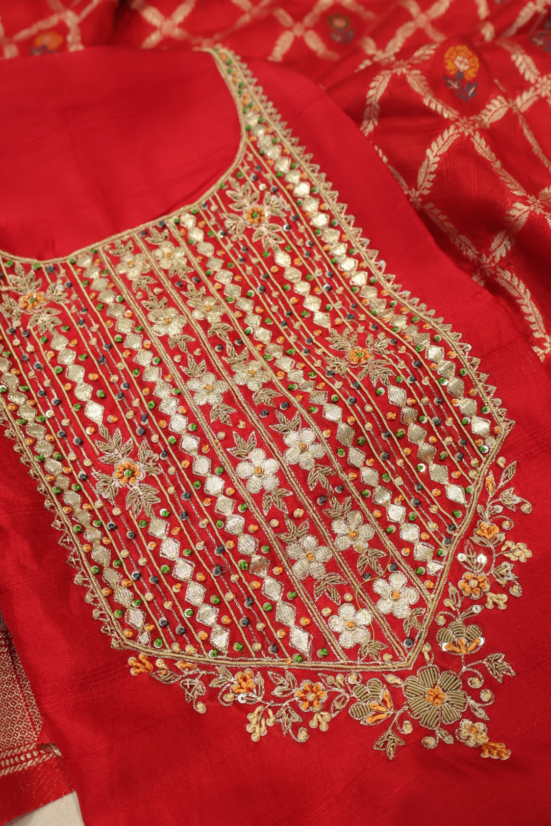Red Russian Silk Hand Embroidered Unstitched Suit Set with Russian Silk Meenakari Woven Dupatta The Banarasee Aura