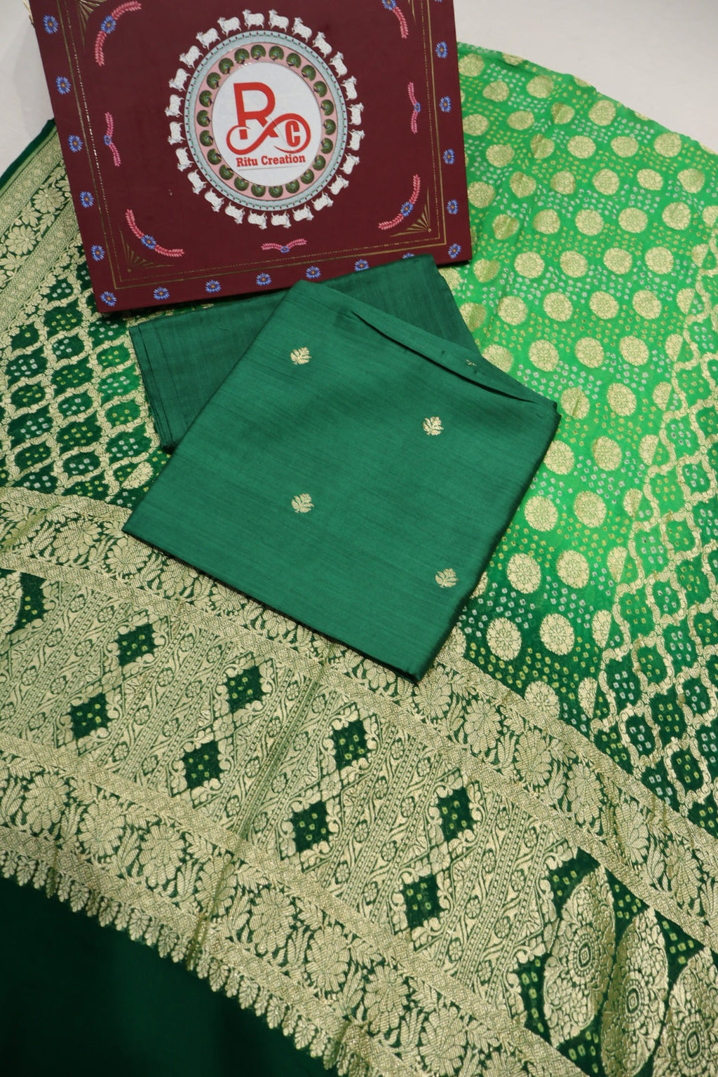 Bottle Green Pure Banarasi Chiniyal Silk Unstitched Suit Set With Pure Khadi Georgette Bandhej Dupatta The Banarasee Aura