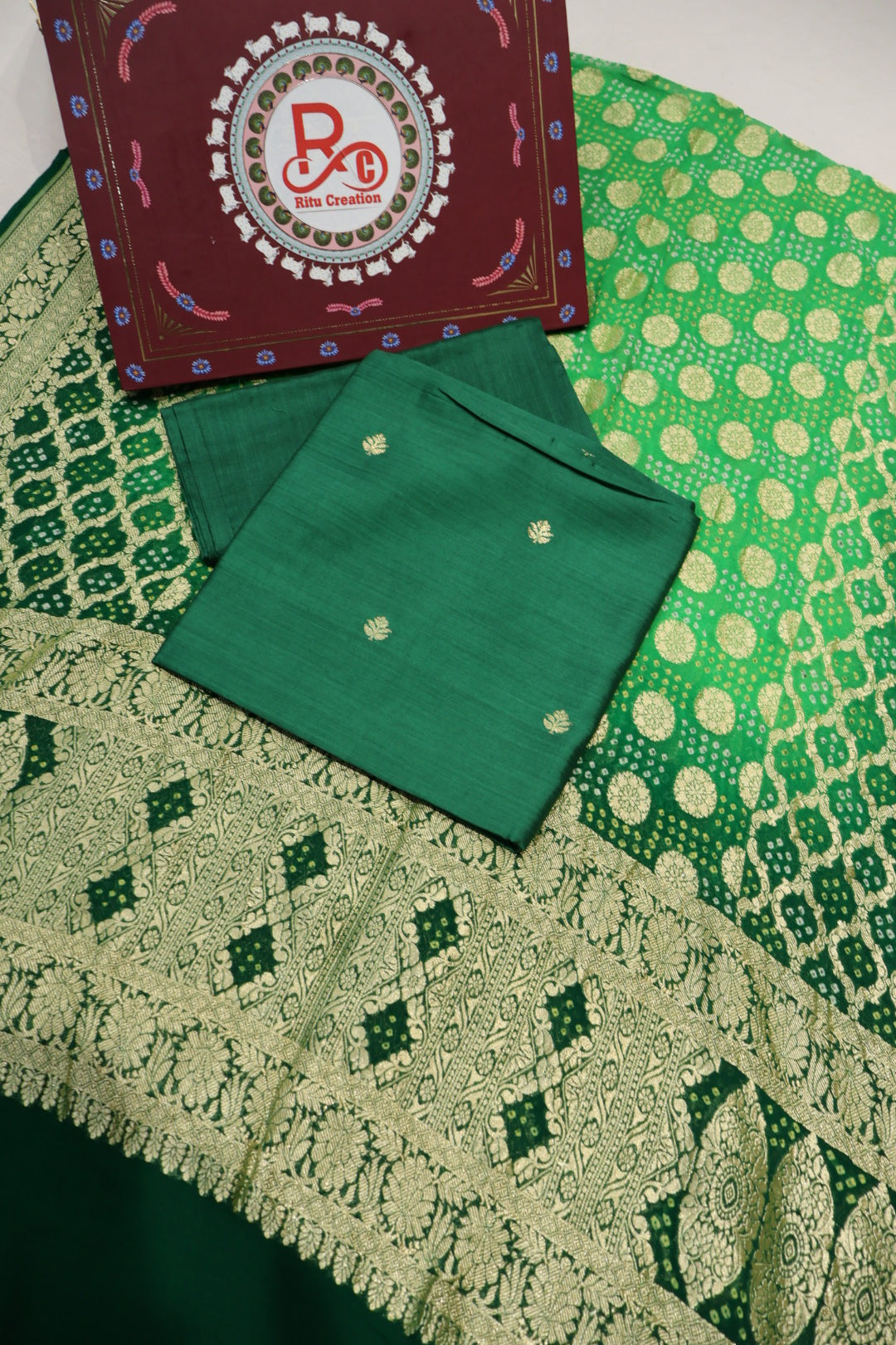 Bottle Green Pure Banarasi Chiniyal Silk Unstitched Suit Set With Pure Khadi Georgette Bandhej Dupatta The Banarasee Aura