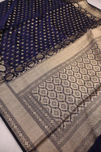 Navy Blue Chanderi Silk Banarasi Zari Weaved Saree With Blouse The Banarasee Aura