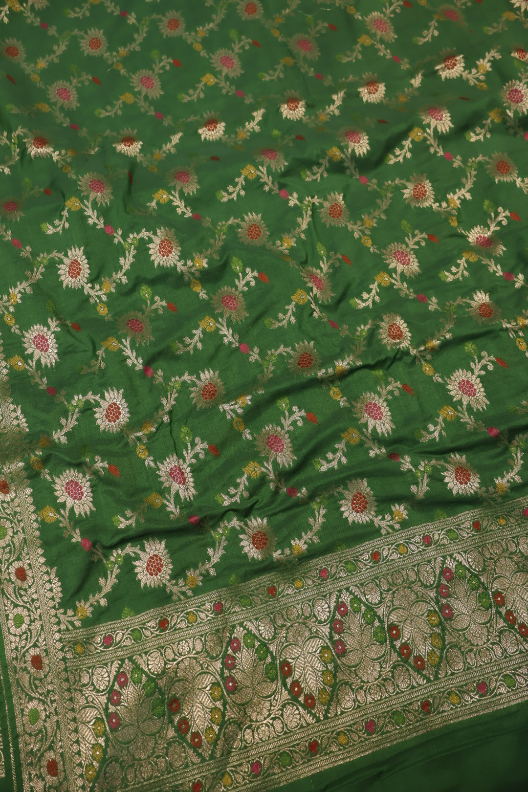 Bottle Green Satin Silk Tilfi Meenakari Woven Unstitched Banarasi Suit Set The Banarasee Aura