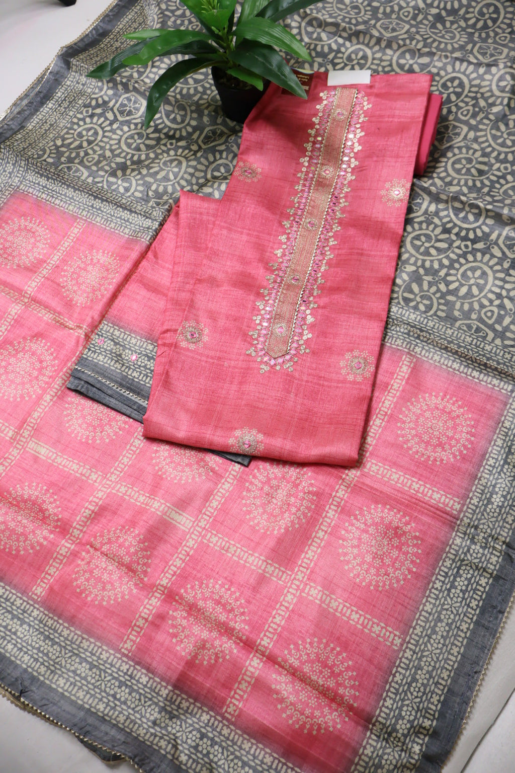 Pink Tussar Silk Printed and Embroidered Unstitched Suit Set With Tussar Silk Printed Dupatta The Banarasee Aura
