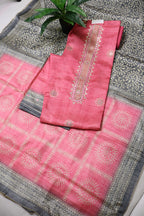 Pink Tussar Silk Printed and Embroidered Unstitched Suit Set With Tussar Silk Printed Dupatta The Banarasee Aura