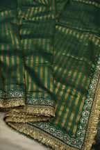 Bottle Green Pure Banarasi Tissue Stripes Saree With Pure Silk Brocade Blouse The Banarasee Aura