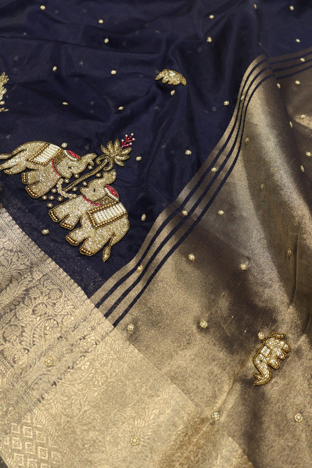 Navy Blue Banarasi Kora Silk Hand Embroidered Saree With Blouse The Banarasee Aura