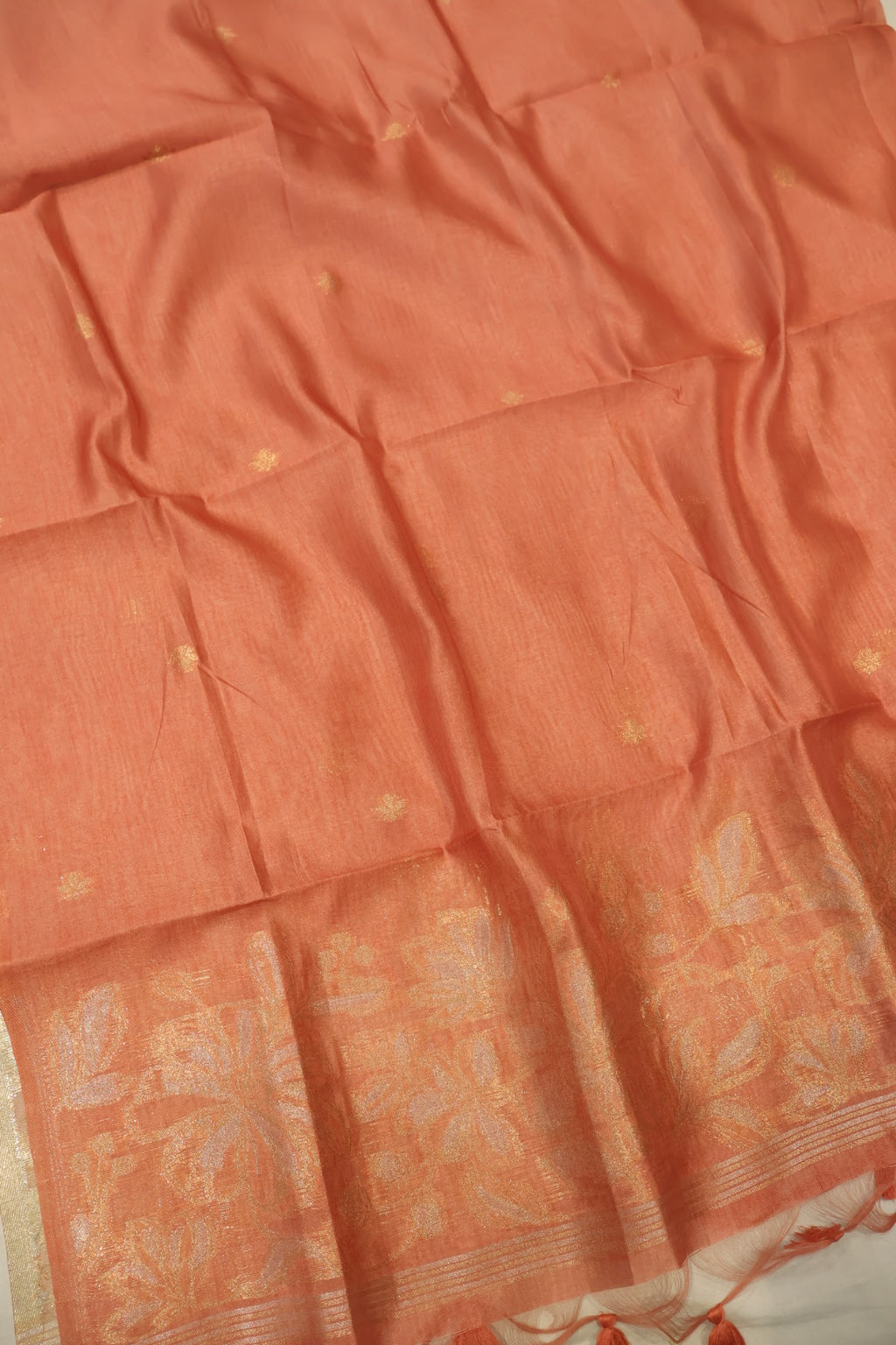 Peach Orange Chanderi Tissue Hand Embroidered Unstitched Suit Set with Chanderi Tissue Sona Roopa Dupatta The Banarasee Aura