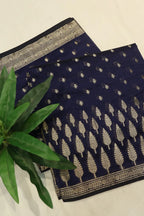 Navy Blue Chanderi Silk Banarasi Zari Weaved Saree With Blouse The Banarasee Aura