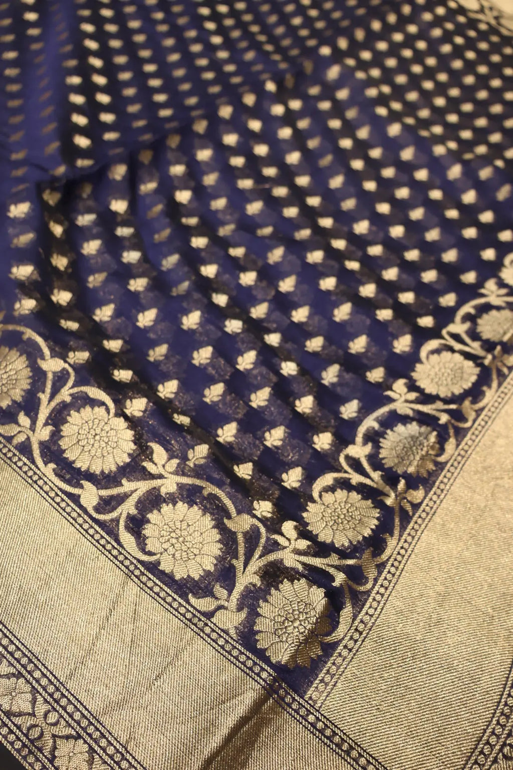 Navy Blue Chanderi Silk Banarasi Zari Weaved Saree With Blouse The Banarasee Aura
