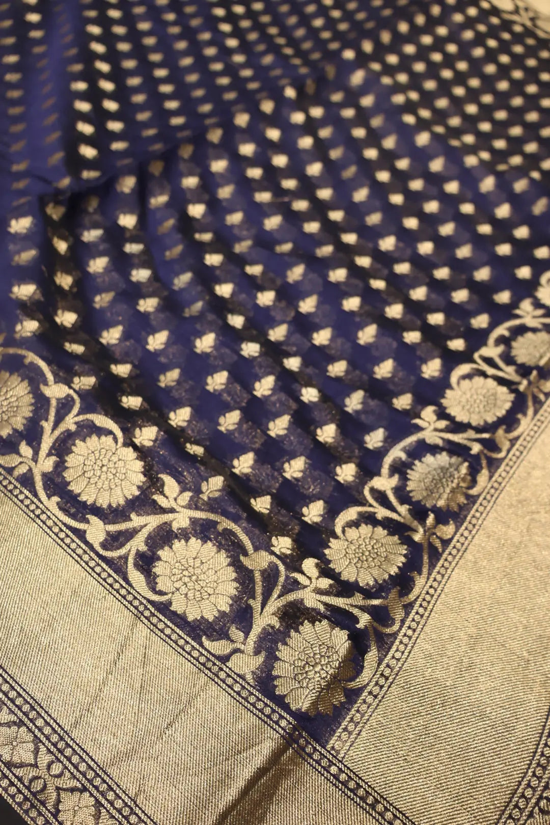 Navy Blue Chanderi Silk Banarasi Zari Weaved Saree With Blouse The Banarasee Aura
