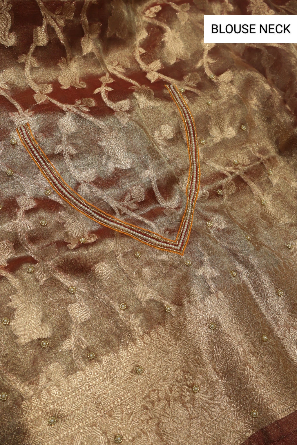 Maroon - Gold Banarasi Tissue Organza Hand Embroidered Saree With Hand Embroidered Blouse The Banarasee Aura