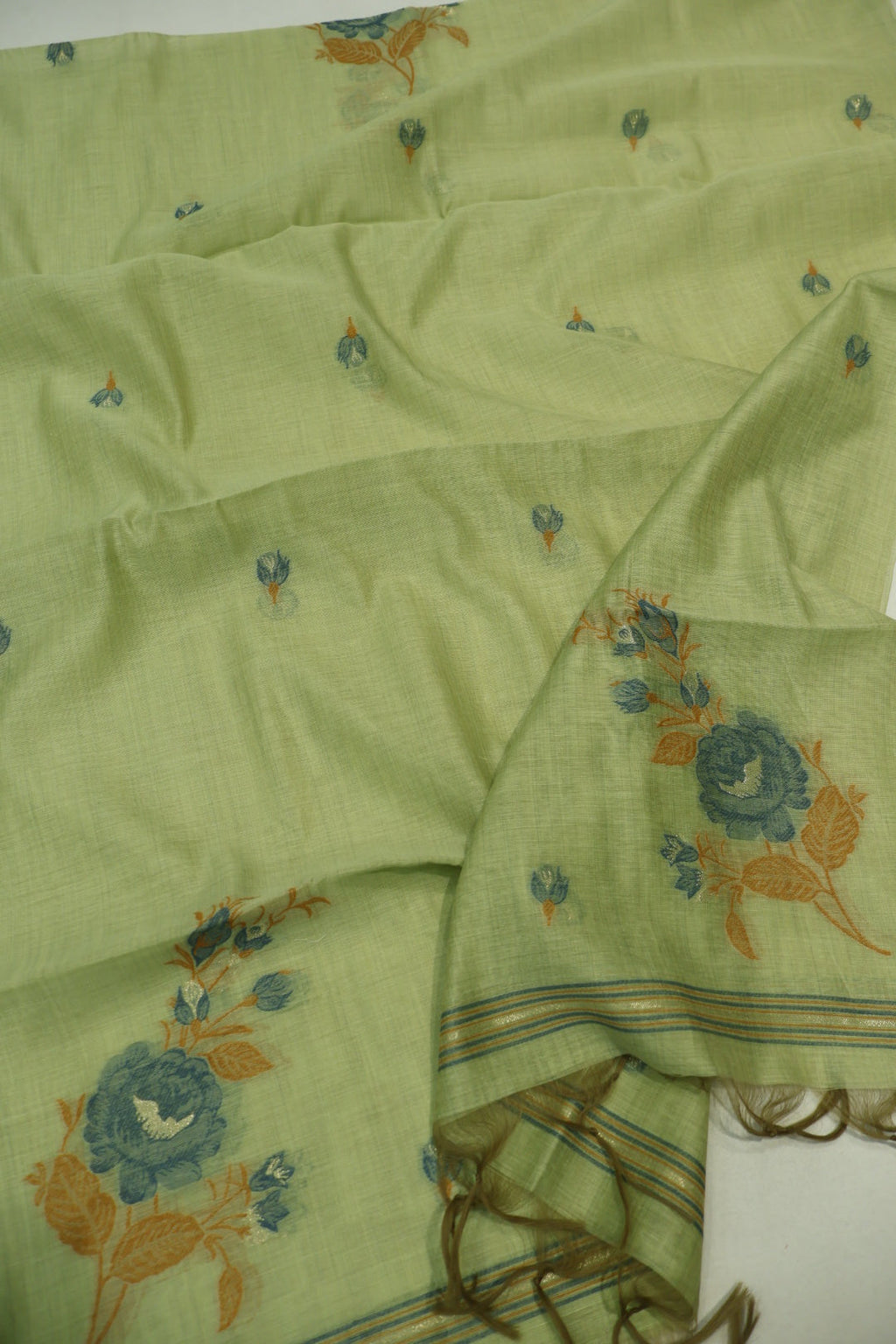 Green Banarasi Chanderi Silk Blend Jamdani Woven Unstitched Suit Set With Chanderi Woven Dupatta The Banarasee Aura
