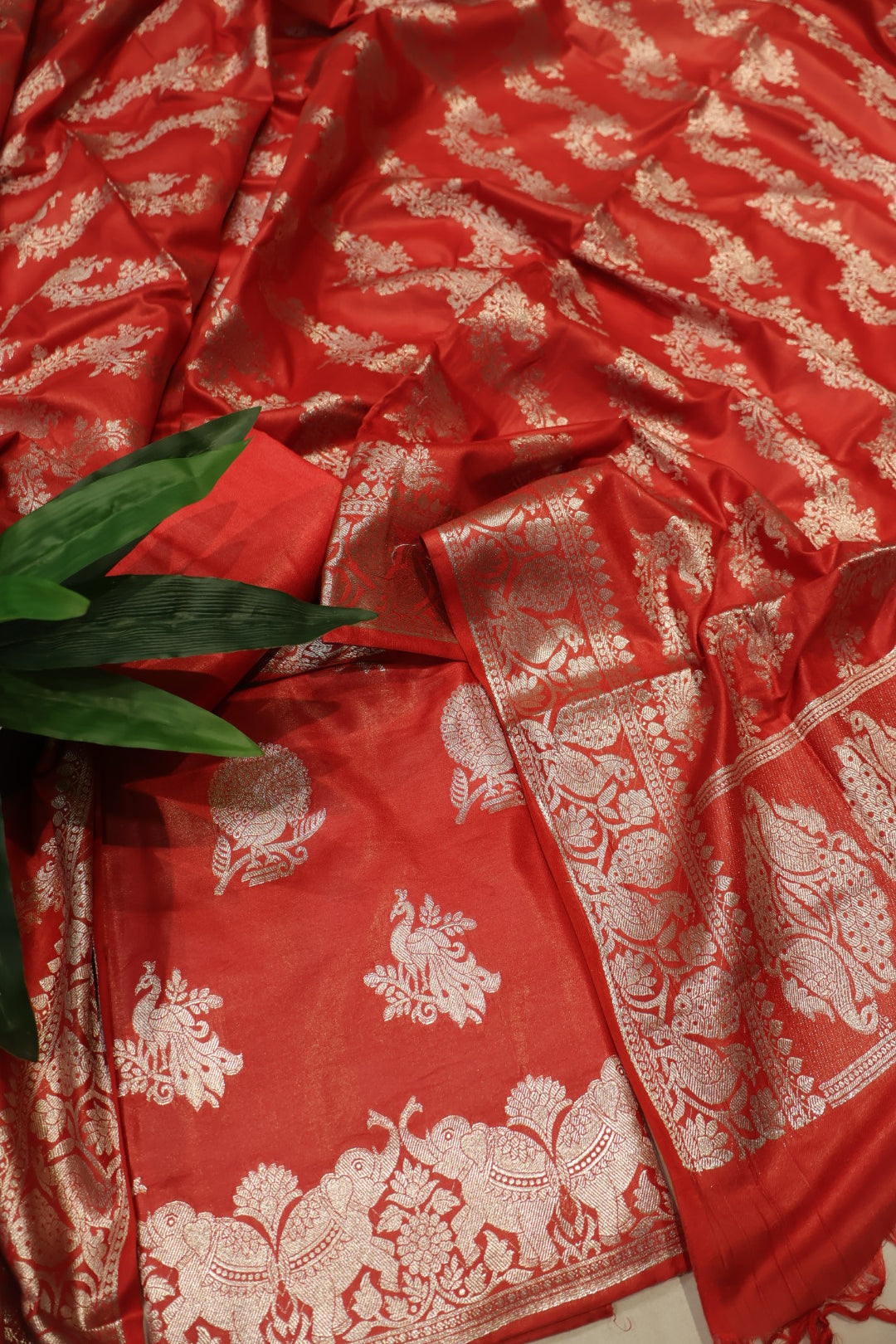 Red Katan Silk Shikargah Woven Unstitched Banarasi Suit Set The Banarasee Aura