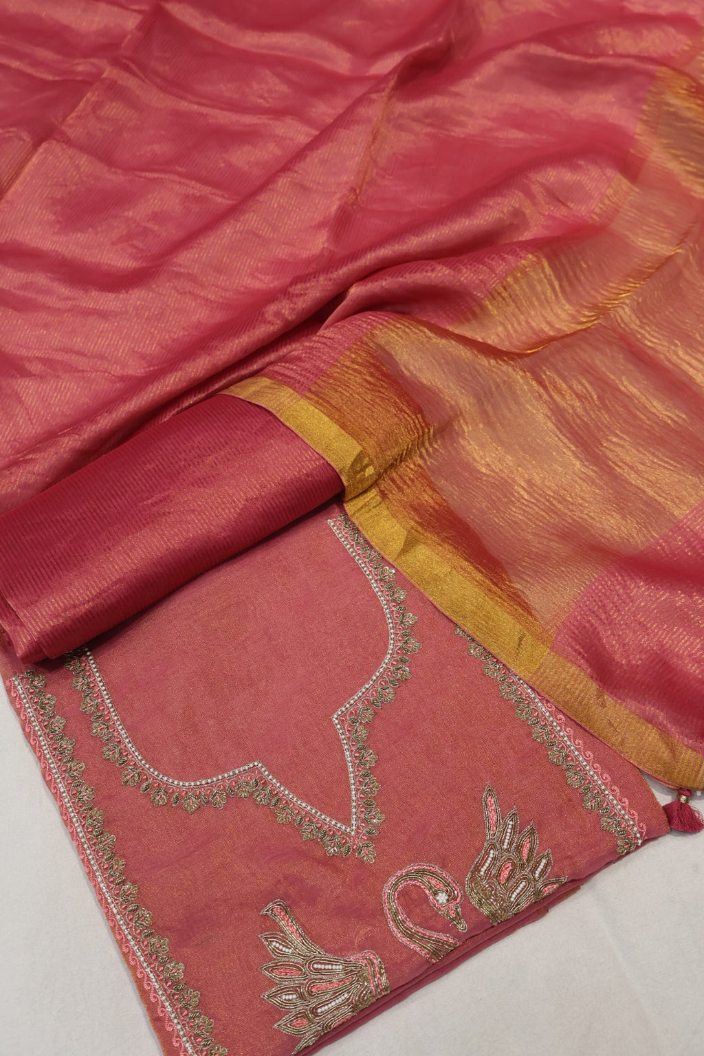 Hot Pink Banarasi Pure Tissue Hand Embroidered Unstitched Suit Set with Pure Tissue Stripes Dupatta The Banarasee Aura