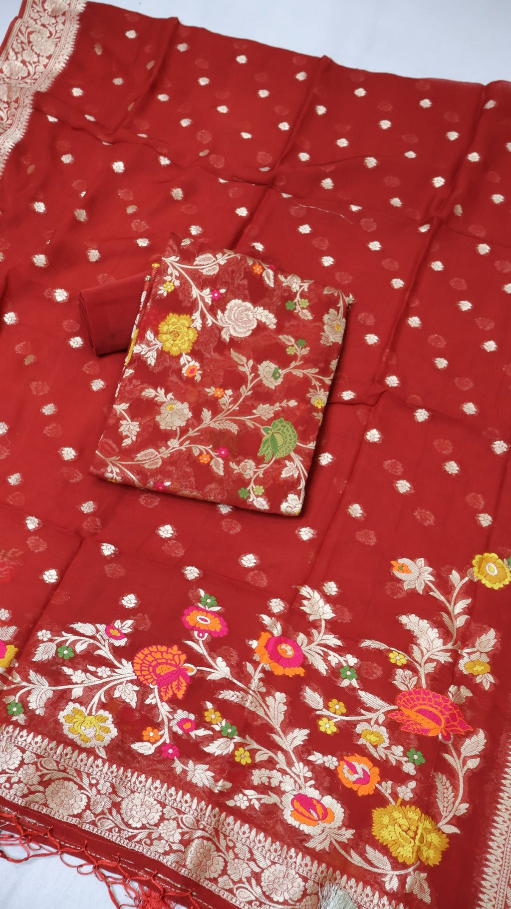 Red Banarasi Georgette Meenakri Woven Unstitched Suit Set With Georgette Meenakari Woven Dupatta The Banarasee Aura