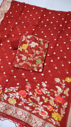 Red Banarasi Georgette Meenakri Woven Unstitched Suit Set With Georgette Meenakari Woven Dupatta The Banarasee Aura