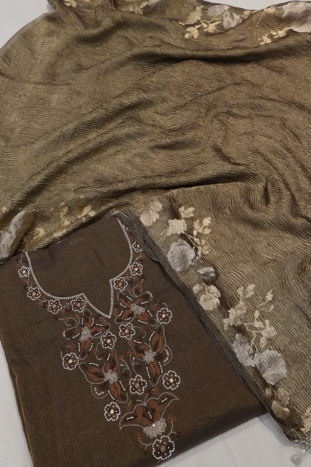 Coffee Brown Banarasi Pure Tissue Silk Hand Embroidered Unstitched Suit Set with Pure Tissue Silk woven Dupatta The Banarasee Aura