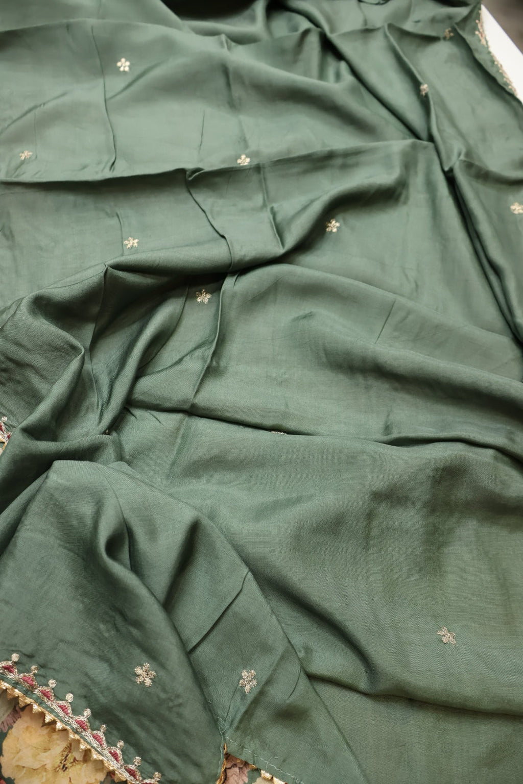 Green Muslin Printed Embroidered Unstitched Suit Set With Muslin Embroidered Dupatta The Banarasee Aura