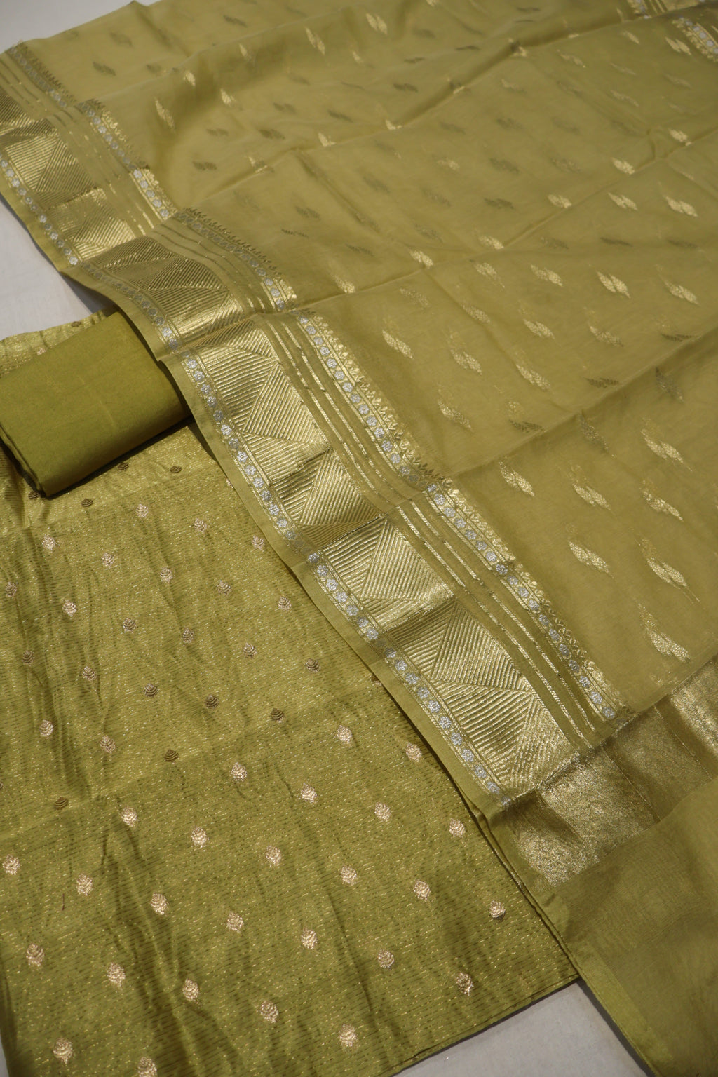 Olive Green Pure Chanderi Silk Woven Unstitched Suit Set With Pure Chanderi Silk Sona Roopa Woven Dupatta The Banarasee Aura