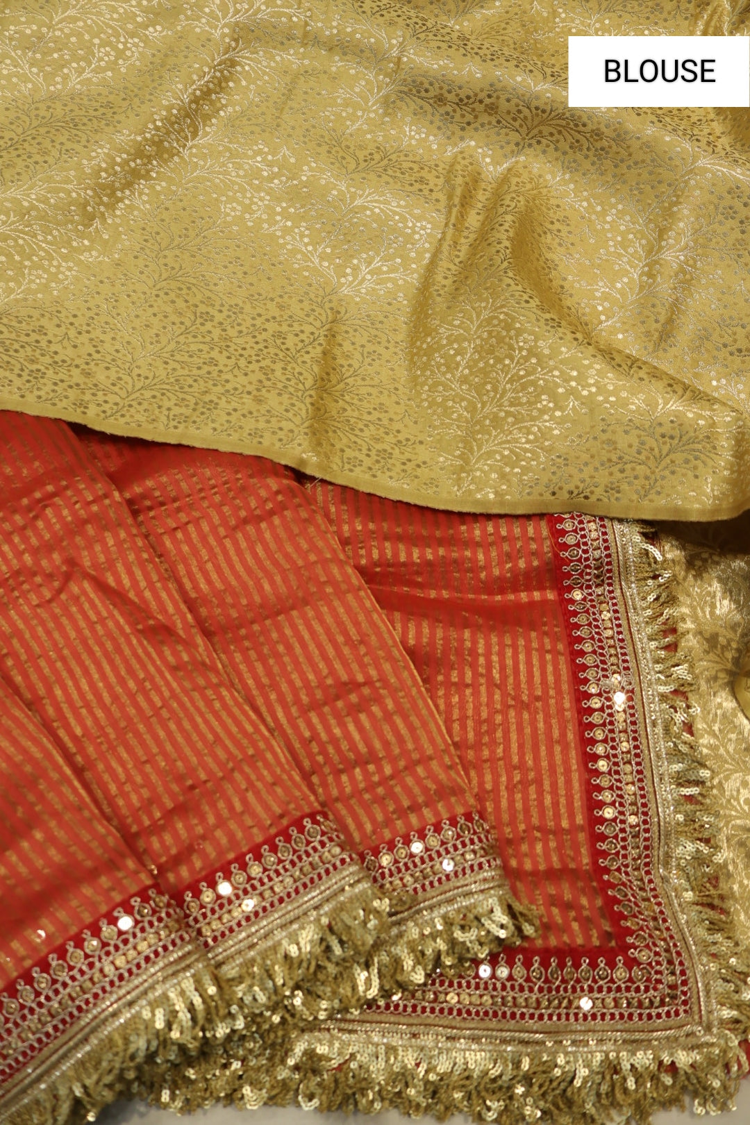 Red Pure Banarasi Tissue Stripes Saree With Silk Brocade Blouse The Banarasee Aura