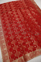 Red Chanderi Hand Embroidered Unstitched Suit Set With Dola Silk Woven Dupatta The Banarasee Aura