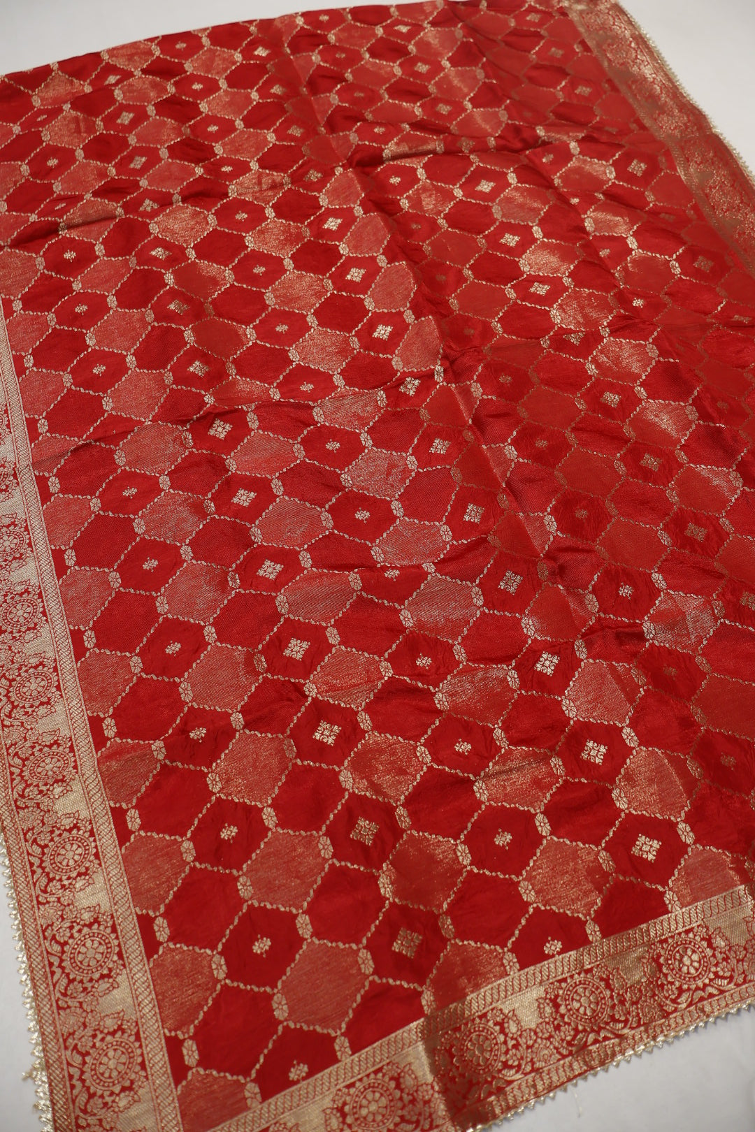 Red Chanderi Hand Embroidered Unstitched Suit Set With Dola Silk Woven Dupatta The Banarasee Aura