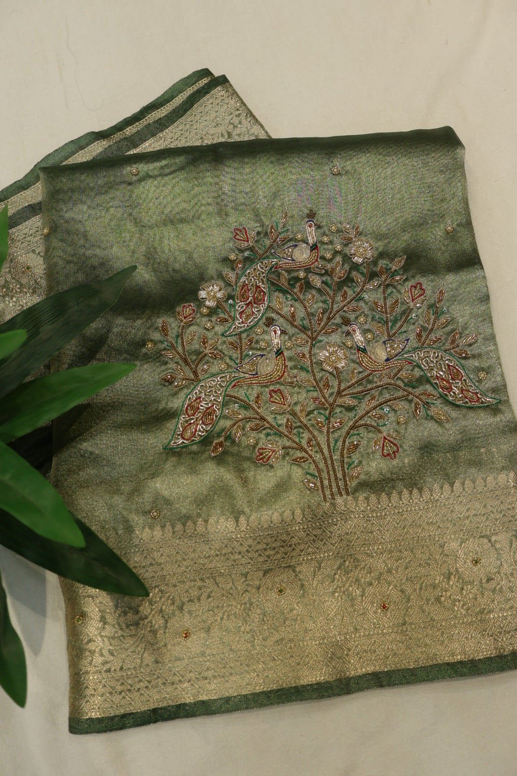 Green - Gold Banarasi Tissue Organza Hand Embroidered Saree With Hand Embroidered Blouse The Banarasee Aura